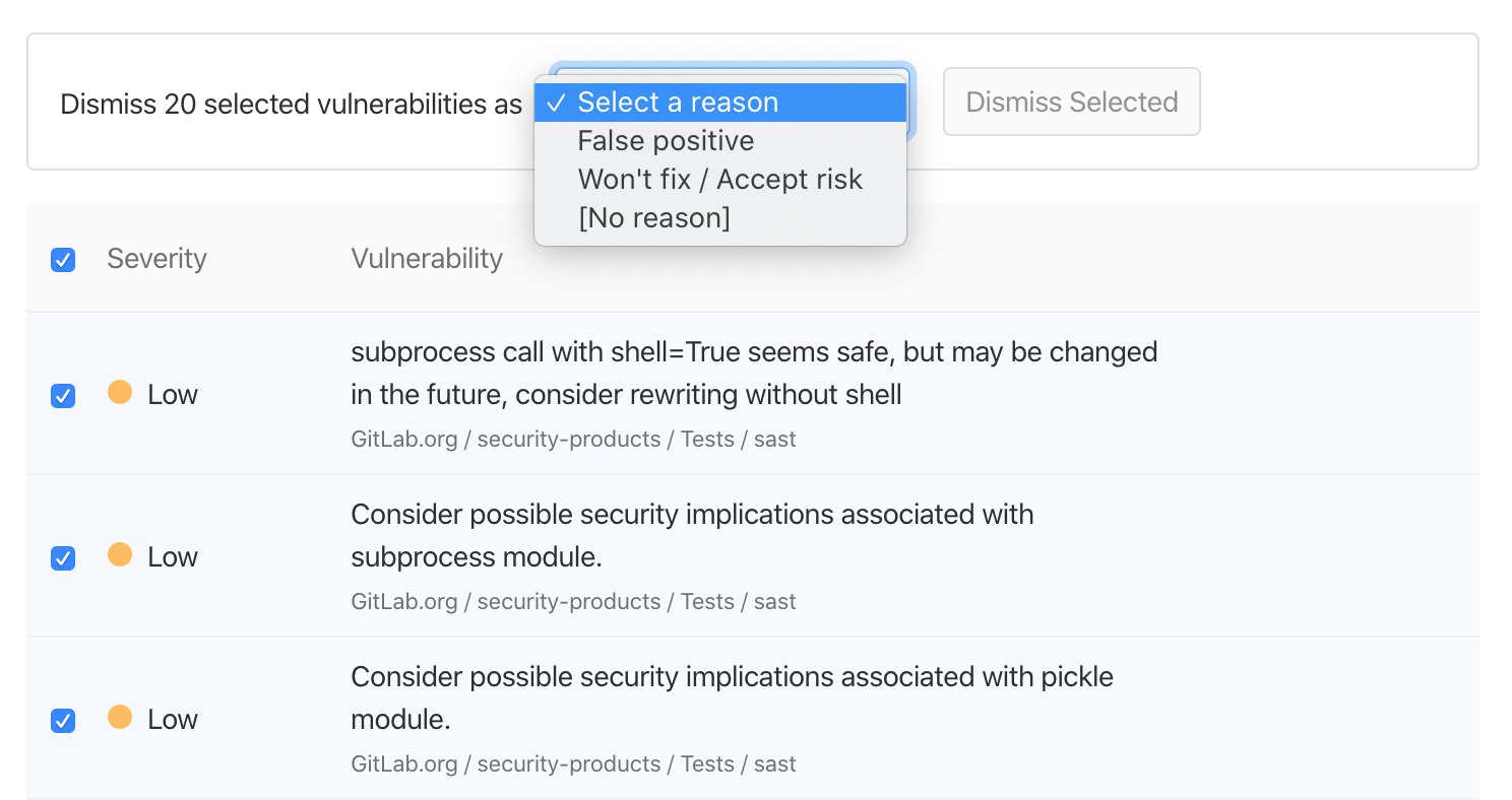 Select and dismiss multiple vulnerabilities
